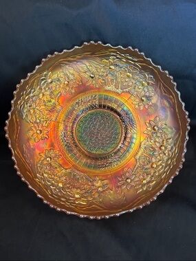 Fenton Iridescent Amber Gold Floral Carnival Glass Bowl Orange Tree Pattern